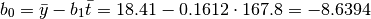 b_0 = \bar y - b_1 \bar t = 18{.}41 - 0{.}1612 \cdot 167{.}8 = -8{.}6394